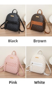 Detailed grid view of mini backpacks in black, coffee, pink, and white floral textures