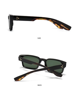 Detail view of square black sunglasses showing tortoiseshell temples with gold star rivets