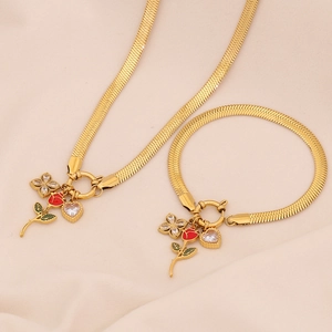 Gold Plated Stainless Steel Necklace With Rose Flower Heart And Clover Pendants Snake Bone Chain Jewelry For Women