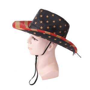 Seitenansicht eines Cowboy-Strohhutes mit US-Flaggen-Design und Sternen-Streifen.