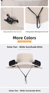 Detail of solar fans on wide brim sun hat with adjustable chin strap and drawstring