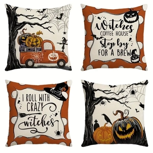 Set of four Halloween pillow covers with pumpkin, witch, and spooky tree illustrations