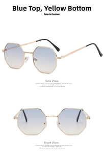 Detailed view of octagon metal sunglasses with blue-yellow gradient lenses and gold frames