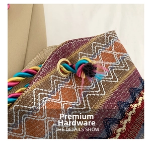 Close-up of golden eyelet and colorful braided handle on ethnic embroidered tote bag