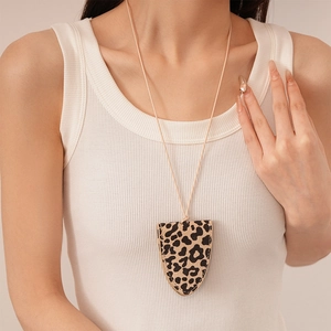 Leopard print faux leather triangular case necklace with adjustable long neck strap