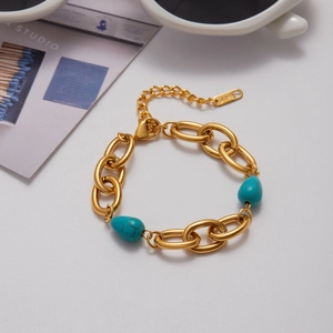Vintage 18K gold plated stainless steel wide chain bracelet with blue turquoise teardrops