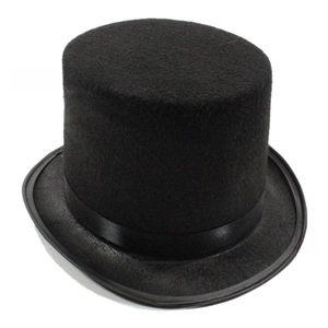 Detailed view of black felt top hat featuring a smooth satin ribbon and classic round brim