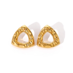 Golden hollow triangle earrings with unique hammered texture on a clean white background