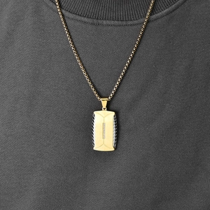 Men's two-tone dog tag necklace with tire pattern and crystal stones on golden box chain