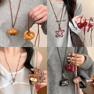 Alloy Resin Pendant Necklace Smile Croissant Heart Shape Leather Rope Adjustable Clavicle Chain Fashion Jewelry Women