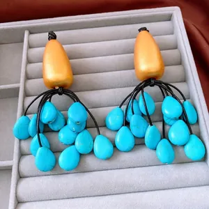 Bohemian Oversized Dangle Drop Earrings With Silver Earring Post Wood Stone Teardrop Ethnic Vintage Style For Women