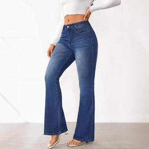 Fashionable high waist slim fit flared denim jeans for women in a classic dark blue wash