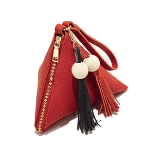Red triangle leather clutch purse with litchi texture and stylish dual tassel detail