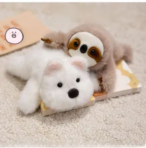 Macro detail of fluffy plush capybara and dog magnets on a soft textured rug