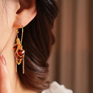 Retro 18K gold plated heart amber glass earrings with elegant long tassel fringe