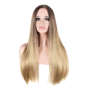 Detailed close-up showing smooth gradient brown to blonde long straight synthetic hair