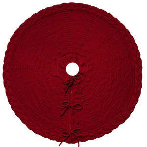 Knitted Christmas tree skirt in deep burgundy with cable knit edge and bow ties