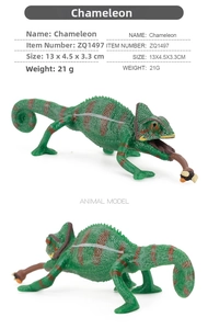 Realistic green chameleon toy model showing side and back views with 13x4.5x3.3cm size dimensions