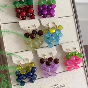 Close-up of colorful resin grape tassel earrings on a display board