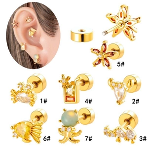 Lot de 7 boucles d'oreilles animaux marins en acier doré avec pierres précieuses