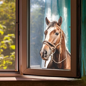 Close-up of artistic horse wall sticker design looking through an open window frame