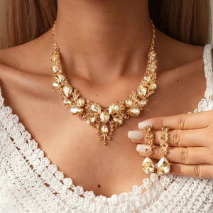 Close-up of luxury water-drop crystal necklace and matching long earrings on model