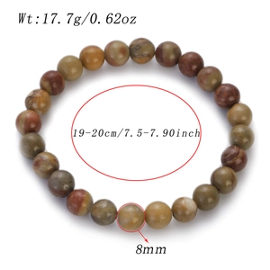Detail view of 8mm brown natural stone beaded bracelet with size and weight measurements