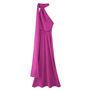 Detail of magenta halter neck dress with long neck ties and backless satin fabric finish