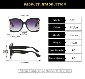 Detailed sizing chart for oversized square sunglasses showing frame and lens dimensions