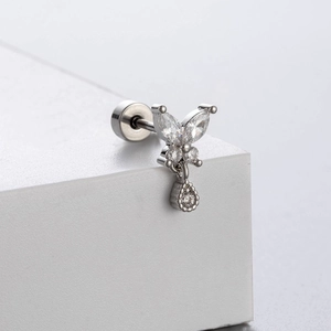 Silver butterfly cartilage earring with zircon stones and water drop pendant detail