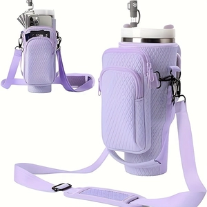 Detail of lavender quilted 40oz tumbler carrier with phone pocket and padded strap