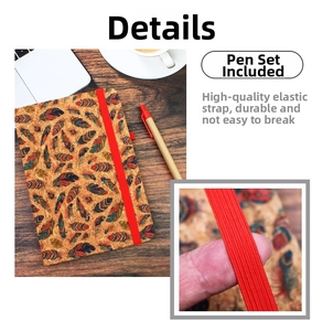 Detail of A5 cork cover notebook with vintage feather print and durable red elastic band