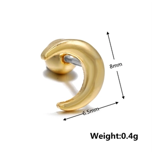 Detail view of 8mm gold crescent moon stud earring with weight and size measurements