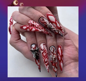 3D gothic press-on nails with 3D metallic elements, red blood drips, and black gradients