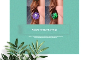 Detail of layered acrylic earrings featuring skull flower and green frog motifs