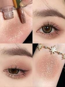 Macro view of sparkly pink-brown liquid eyeshadow swatches with fine gold and silver glitter