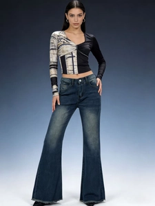 Pantaloni Jeans a Zampa Donna Retro Sexy Vita Media Orlo a Vivo Denim Lavato Jeans Casual Versatili per Donna