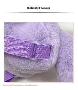 Close-up of reinforced purple plush backpack straps with adjustable plastic buckles
