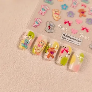 Cute cartoon bear embroidery style 3D embossed nail stickers for DIY nail art design