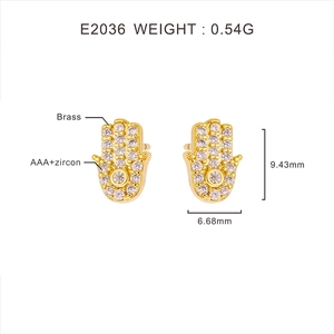 Detail view of gold-plated Hamsa hand earring with dimensions and zircon specs