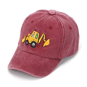 Detailed embroidery of a yellow excavator on a washed red cotton kids baseball cap