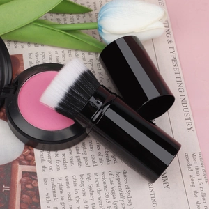 Close-up of portable retractable makeup brush with black and white bristles and a blush palette