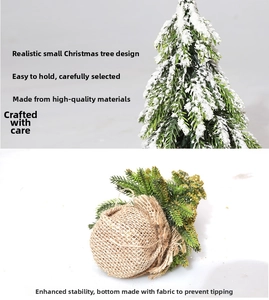 Macro view of mini Christmas tree with artificial snow and rustic burlap base cover