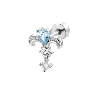 Silver fleur-de-lis earrings with blue pear-shaped zircon and clear stone accents