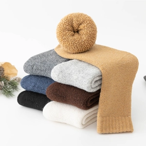 Detailed pile of thick wool blend socks in various colors for winter warmth