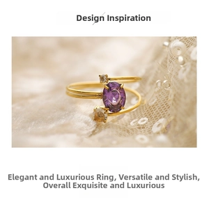 Makroaufnahme eines vergoldeten Vintage-Rings mit ovalem lila Stein und gelben Zirkonia