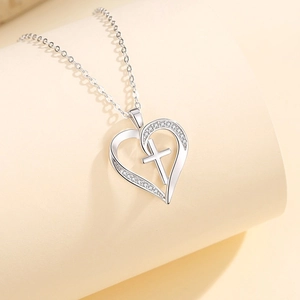 Elegant S925 sterling silver heart cross pendant necklace with sparkling micro diamonds