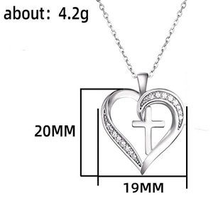 Silver heart and cross pendant necklace with zircon inlay and product dimensions