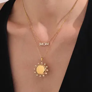 MOM Letter Necklace Sunflower Sunburst Pendant Zircon Stainless Steel 18K Gold Plated Jewelry For Women Gift