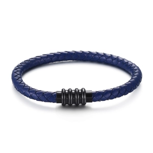 Blue braided leather bracelet with a sleek black multi-loop magnetic stainless steel clasp